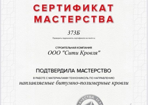 Сертификат мастерства ТЕХНОНИКОЛЬ
